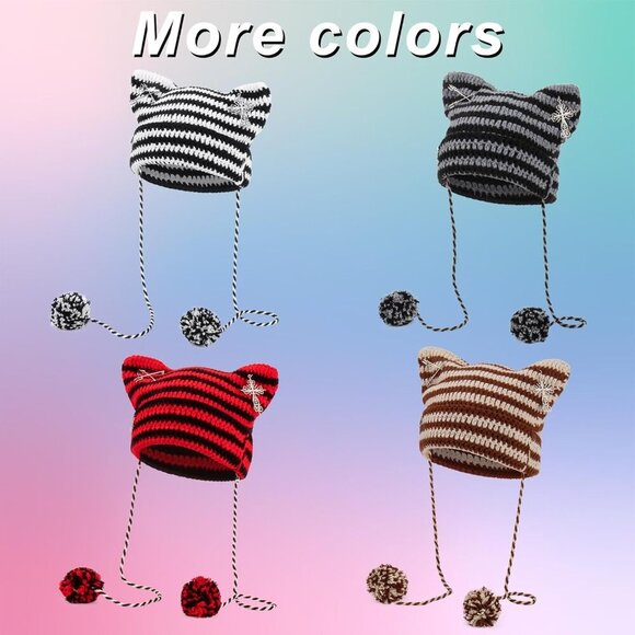 Crochet Hats for Women, Cat Beanie Y2K Beanies Grunge Accessories with Arm Warme - Picture 5 of 7
